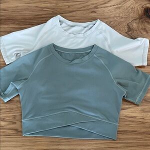 2 Women's Elite Eleven Athletic Crop Tops Blue and Light Gray Short Sleeve